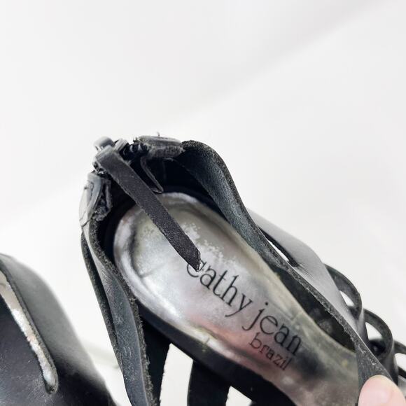 Cathy Jean Brazil 6 Black Leather Strappy Gladiator Heels Stiletto Silver Mirror - Picture 5 of 11
